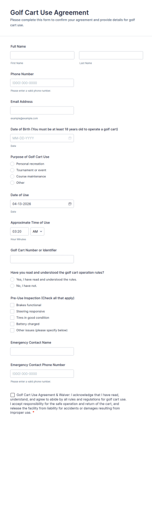 Golf Cart Use Agreement Form Template