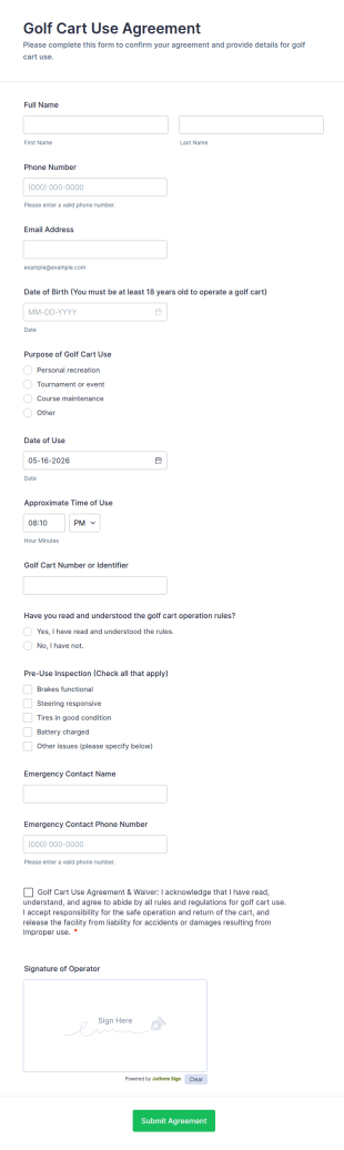 Golf Cart Use Agreement Form Template
