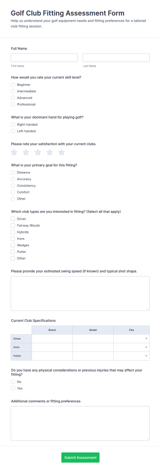 Golf Club Fitting Assessment Form Template