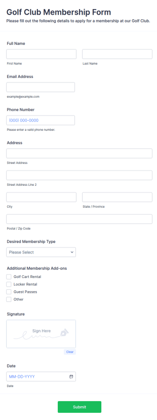 Golf Club Membership Form Template