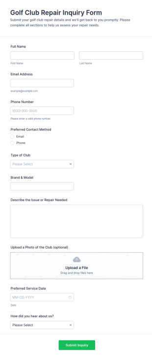 Golf Club Repair Inquiry Form Template