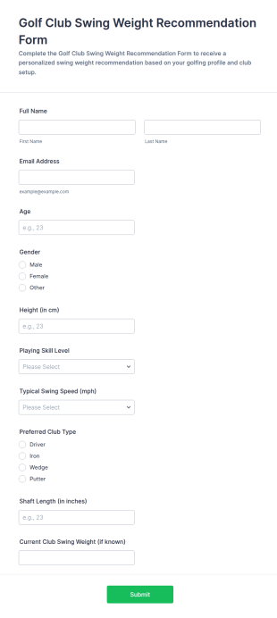 Golf Club Swing Weight Recommendation Form Template
