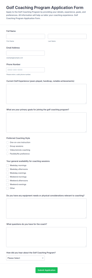 Golf Coaching Program Application Form Template