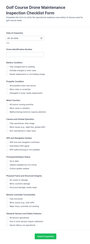 Golf Course Drone Maintenance Inspection Checklist Form Template