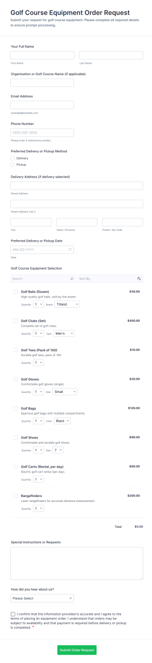 Golf Course Equipment Order Request Form Template