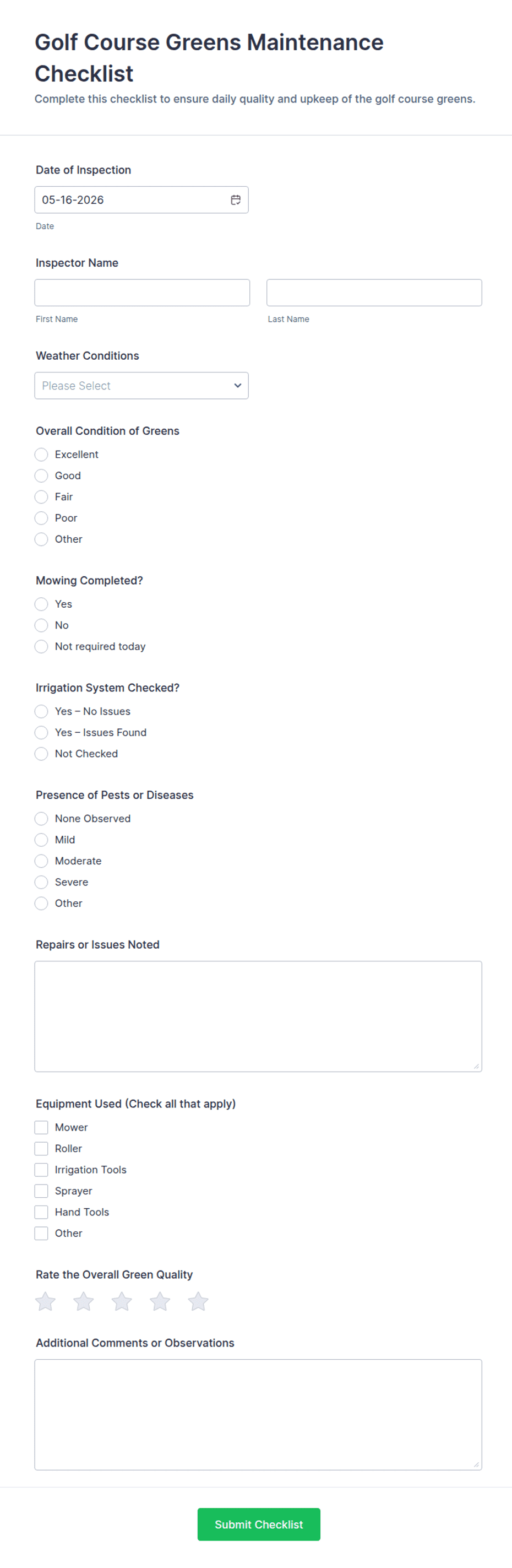 Golf Course Greens Maintenance Checklist Form Template | Jotform