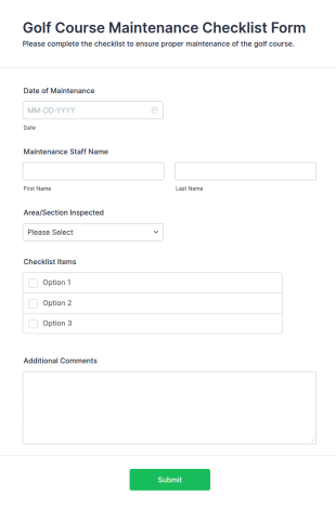Golf Course Maintenance Checklist Form Template