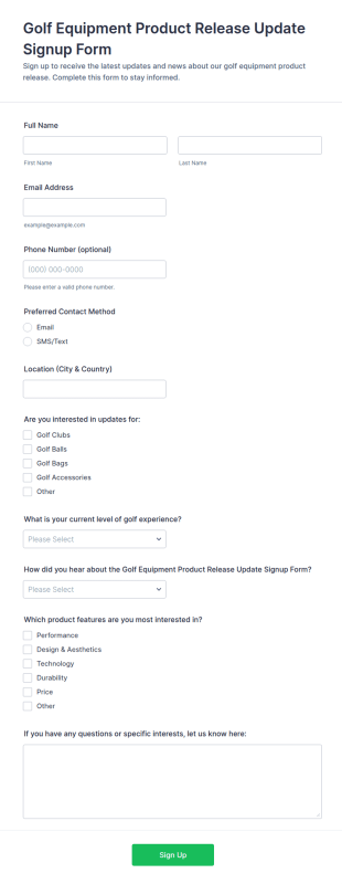 Golf Equipment Product Release Update Signup Form Template