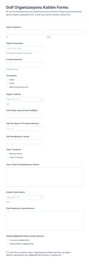 Golf Etkinliği Kaydı Form Şablonu