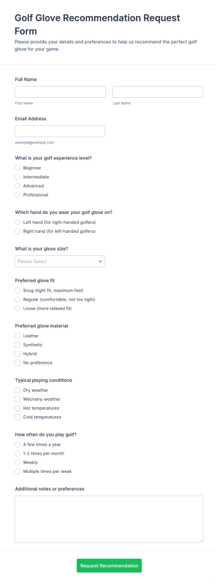 Golf Glove Recommendation Request Form Template