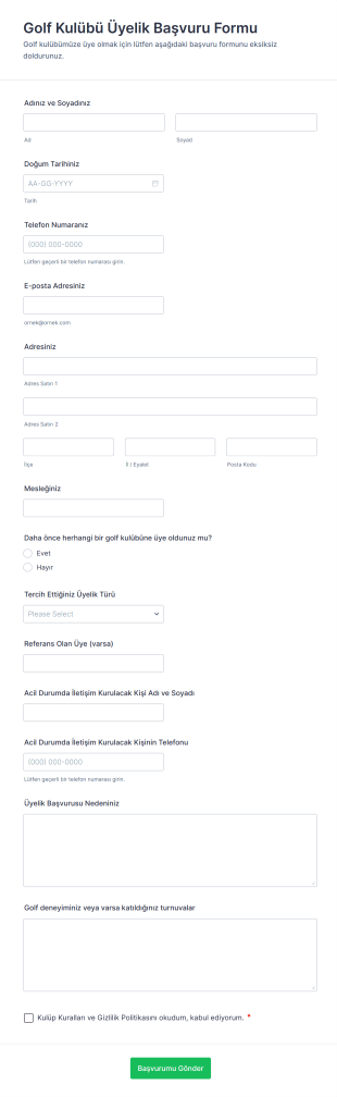 Golf Kulübü Üyelik Başvuru Form Şablonu