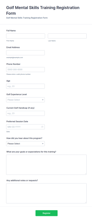 Golf Mental Skills Training Registration Form Template