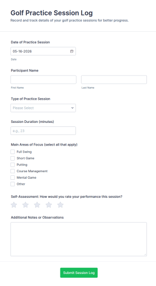 Golf Practice Session Log Form Template