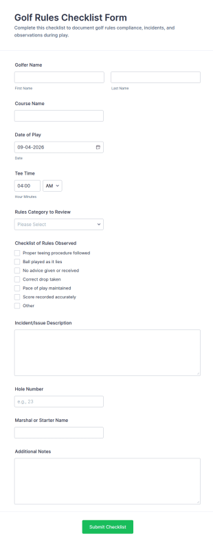 Golf Rules Checklist Form Template