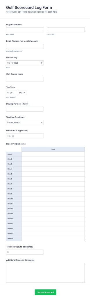 Golf Scorecard Log Form Template