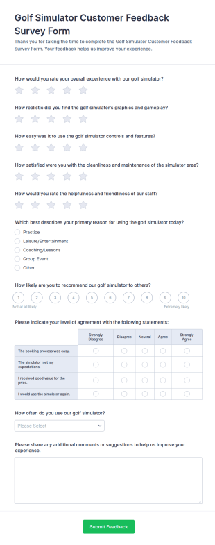 Golf Simulator Customer Feedback Survey Form Template