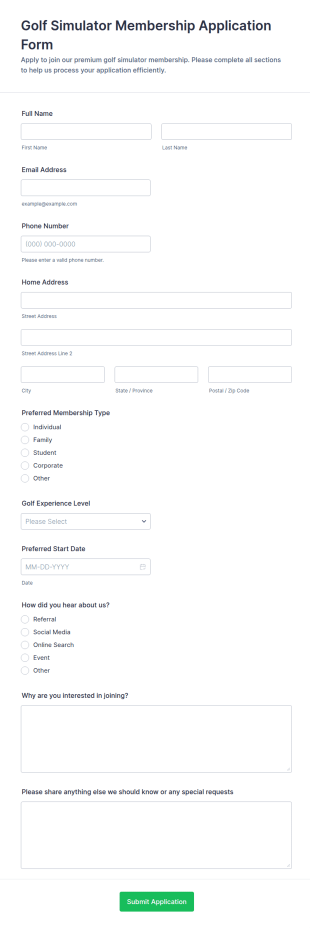 Golf Simulator Membership Application Form Template