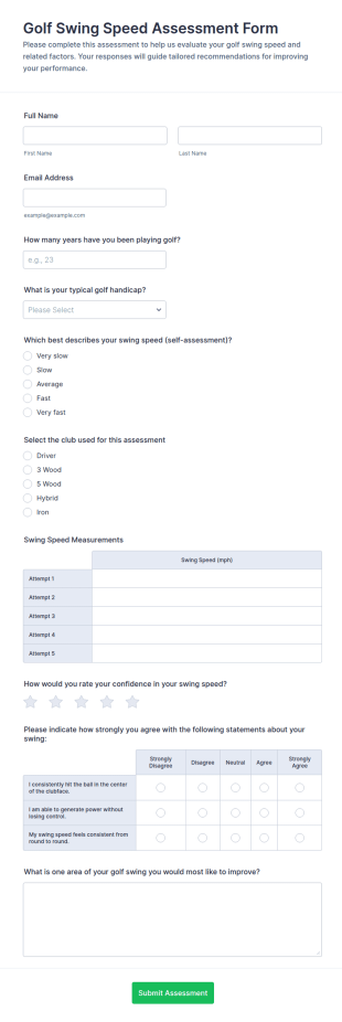 Golf Swing Speed Assessment Form Template