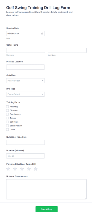 Golf Swing Training Drill Log Form Template