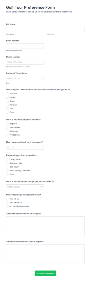 Golf Tour Preference Form Template