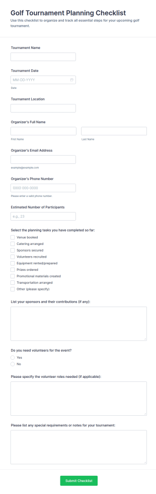 Golf Tournament Planning Checklist Form Template