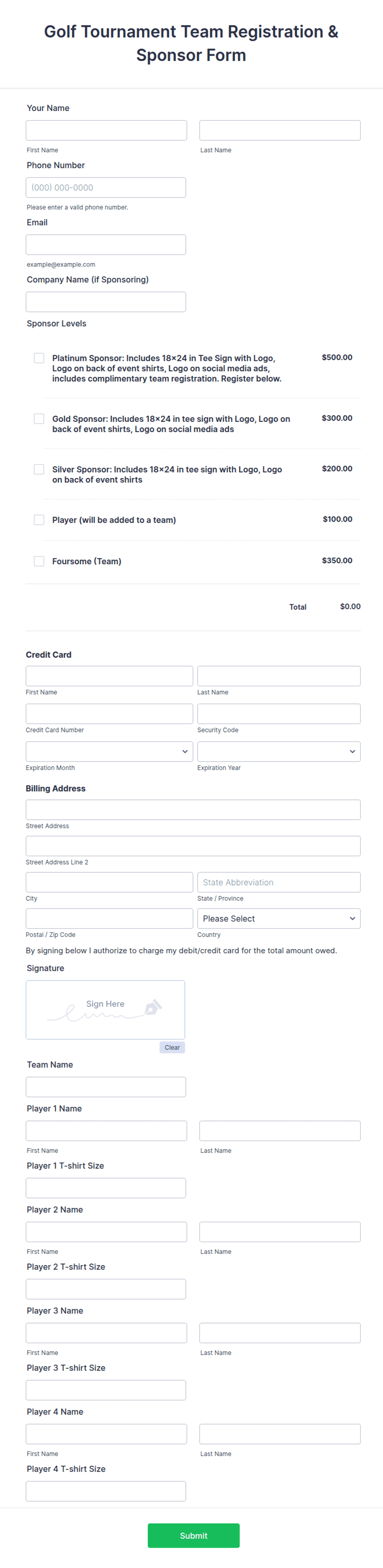 Golf Tournament Registration Form Template