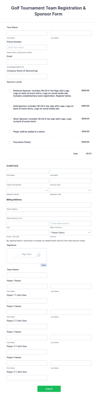 Golf Tournament Registration & Sponsor Form Template