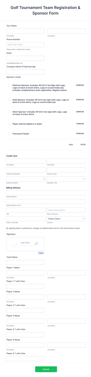 Golf Tournament Registration & Sponsor Form Template