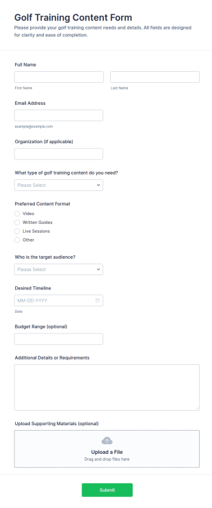 Golf Training Content Form Template