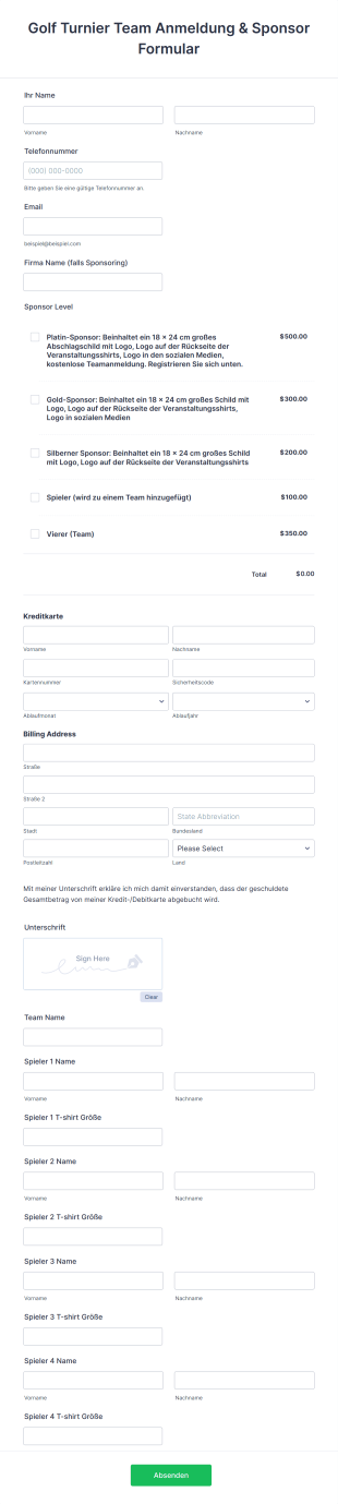 Golf Turnier Anmeldeformular Form Template