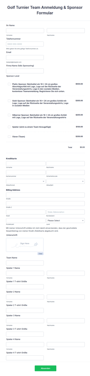Golf Turnier Anmeldeformular