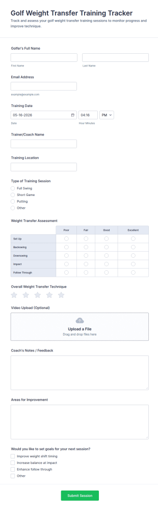 Golf Weight Transfer Training Tracker Form Template