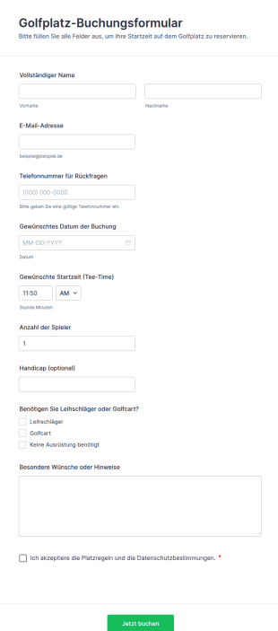 Golfplatz Buchungsformular