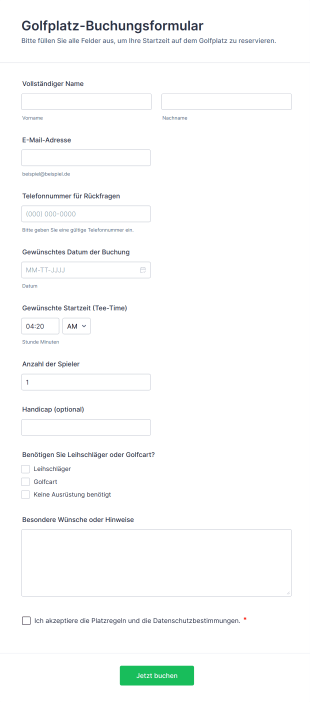 Golfplatz Buchungsformular