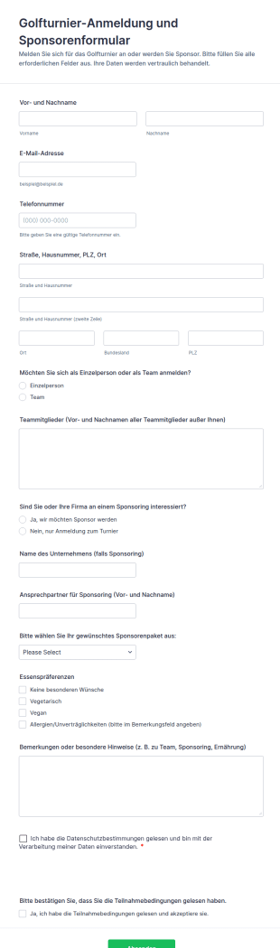 Golfturnier Anmeldung Und Sponsorenformular