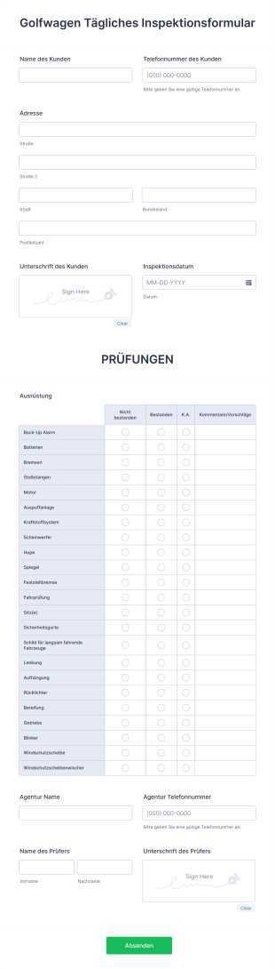 Golfwagen Tägliches Inspektionsformular Form Template