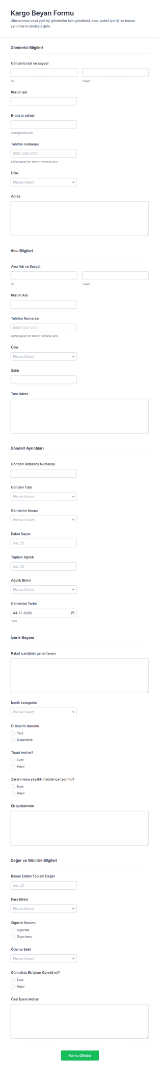 Gönderi Beyanname Formu 🚢 Form Şablonu