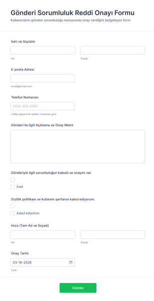 Gönderi Sorumluluk Reddi Onayı Form Şablonu
