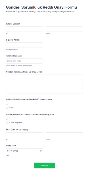 Gönderi Sorumluluk Reddi Onayı Form Şablonu