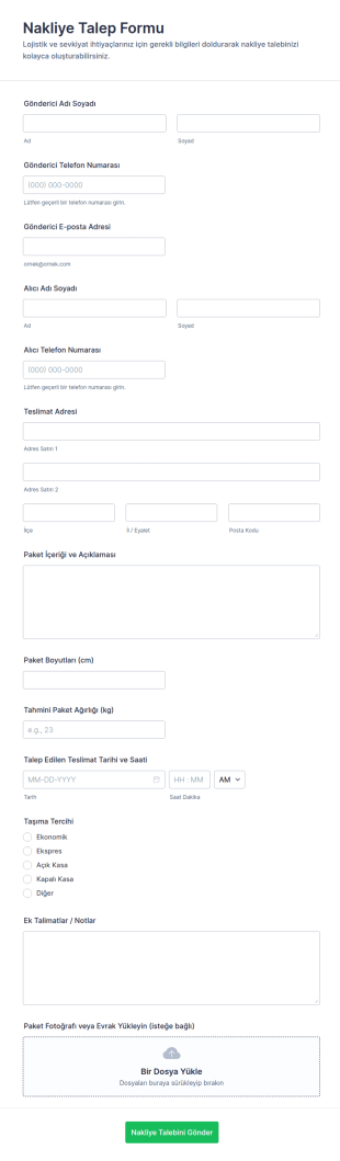 Gönderi Talep Formu 🚚 Form Şablonu