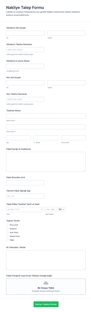 Gönderi Talep Formu 🚚 Form Şablonu