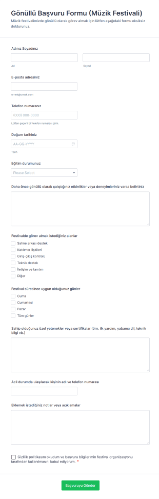 Gönüllü Başvuru Formu (Müzik Festivali) Form Şablonu