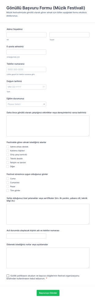 Gönüllü Başvuru Formu (Müzik Festivali) Form Şablonu