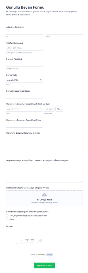 Gönüllü Beyan Form Şablonu