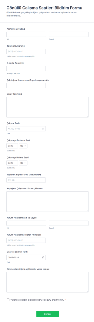 Gönüllü Çalışma Saatleri Bildirim Form Template