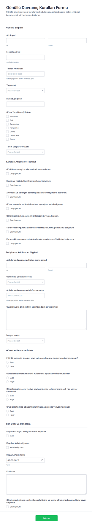 Gönüllü Davranış Kuralları Onay Form Şablonu