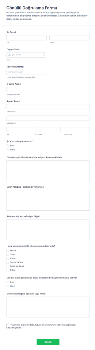 Gönüllü Doğrulama Anketi Form Şablonu