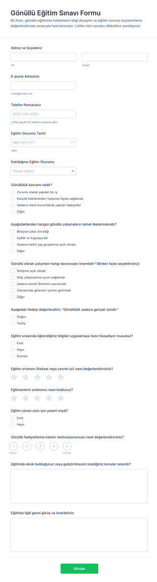 Gönüllü Eğitim Değerlendirme Anketi Form Şablonu