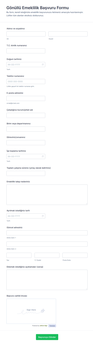 Gönüllü Emeklilik Başvuru Form Şablonu