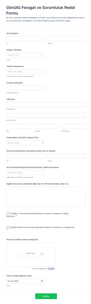 Gönüllü Feragat Ve Sorumluluk Reddi Form Şablonu